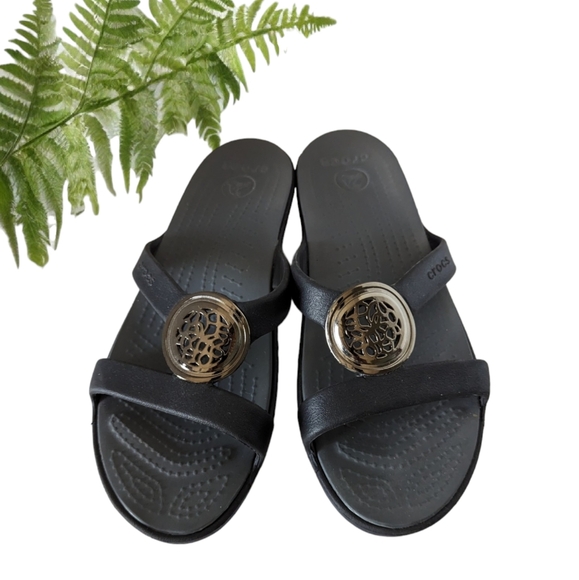 CROCS Shoes - Crocs Sanrah Silver Circle Embellished Slide Sandals Black Women's Size 8
